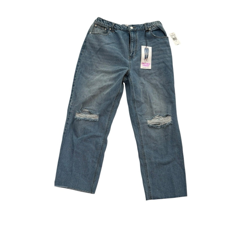 Vanilla Star Cinch Waist Straight Jeans Size 13 Distressed Raw Hem Ankle NWT